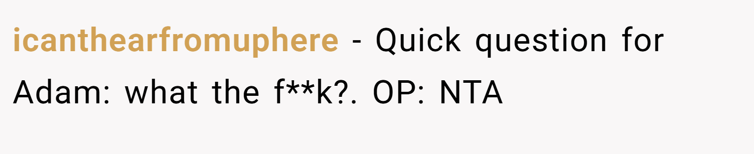 icanthearfromuphere − Quick question for Adam: what the f**k?. OP: NTA