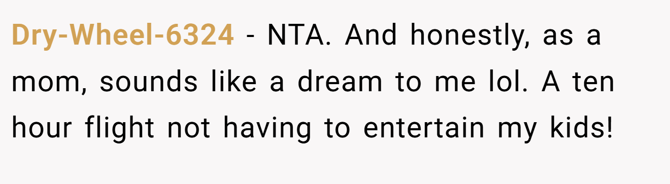 Dry-Wheel-6324 - NTA. And honestly, as a mom, sounds like a dream to me lol. A ten hour flight not having to entertain my kids!