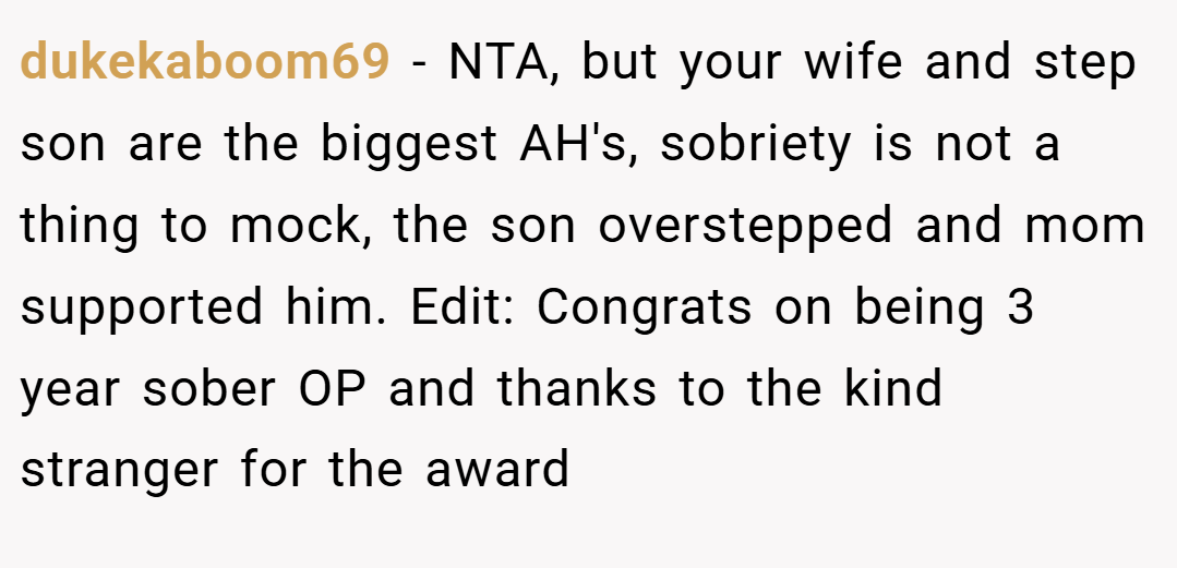 dukekaboom69 − NTA, but your wife and step son are the biggest AH's, sobriety is not a thing to mock, the son overstepped and mom supported him. Edit: Congrats on being 3 year sober OP and thanks to the kind stranger for the award