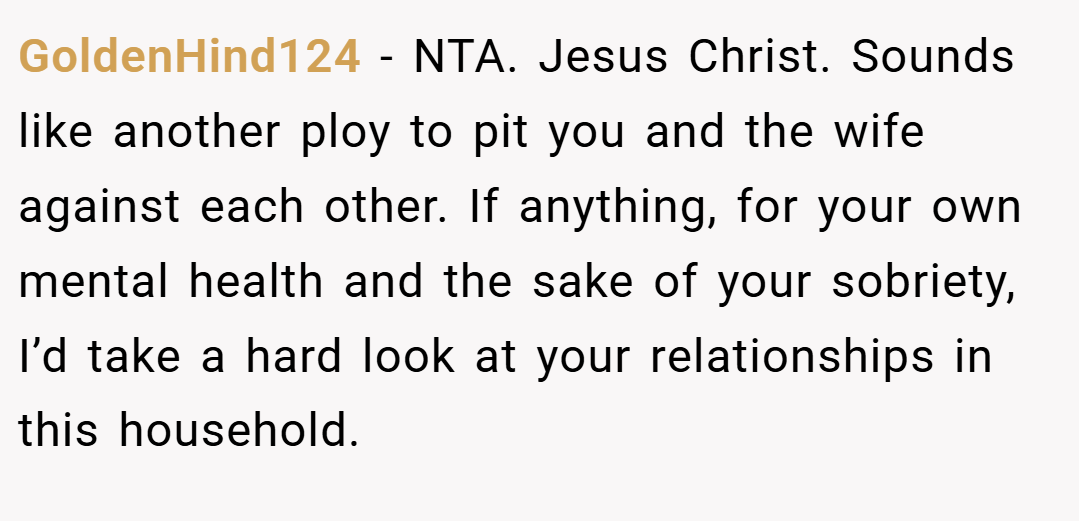 GoldenHind124 − NTA. Jesus Christ. Sounds like another ploy to pit you and the wife against each other. If anything, for your own mental health and the sake of your sobriety, I’d take a hard look at your relationships in this household.