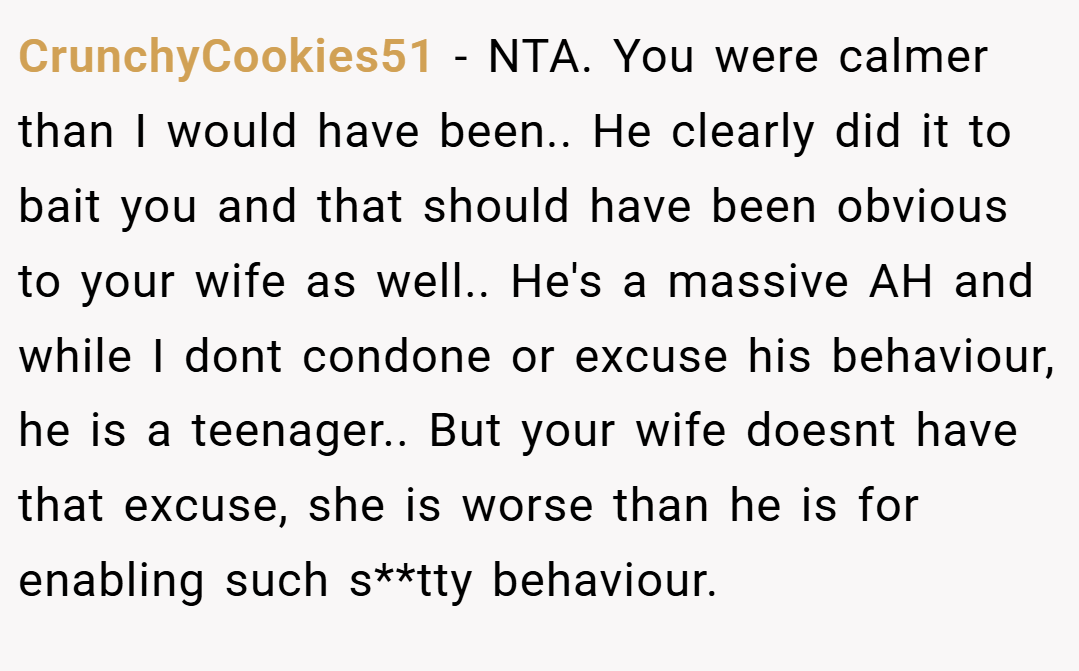 CrunchyCookies51 − NTA. You were calmer than I would have been.. He clearly did it to bait you and that should have been obvious to your wife as well.. He's a massive AH and while I dont condone or excuse his behaviour, he is a teenager.. But your wife doesnt have that excuse, she is worse than he is for enabling such s**tty behaviour.