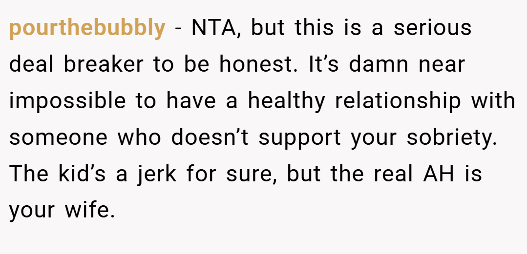 pourthebubbly − NTA, but this is a serious deal breaker to be honest. It’s damn near impossible to have a healthy relationship with someone who doesn’t support your sobriety. The kid’s a jerk for sure, but the real AH is your wife.