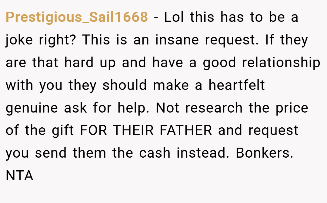Prestigious_Sail1668 − Lol this has to be a joke right? This is an insane request. If they are that hard up and have a good relationship with you they should make a heartfelt genuine ask for help. Not research the price of the gift FOR THEIR FATHER and request you send them the cash instead. Bonkers. NTA