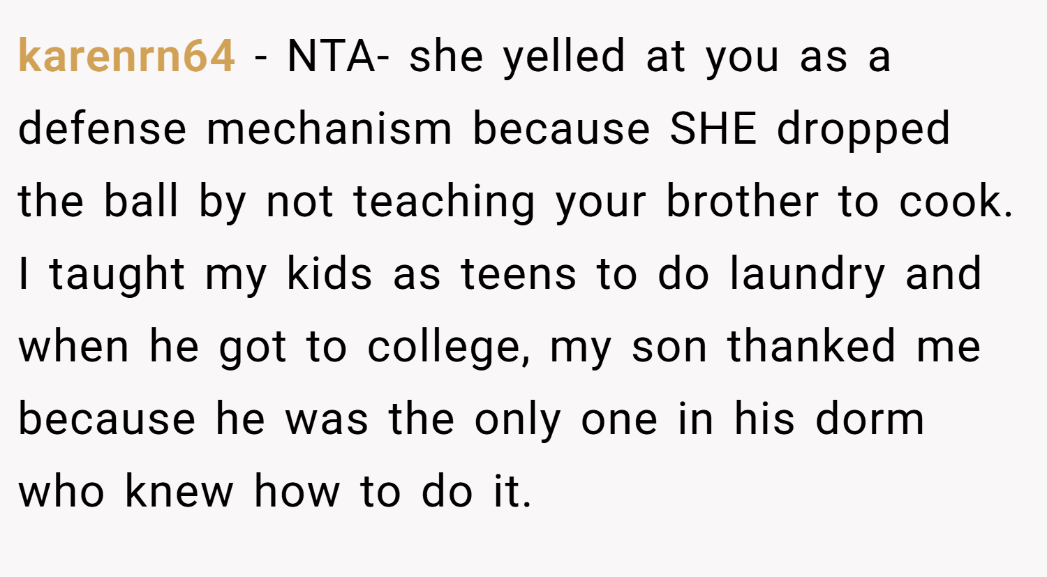 karenrn64 − NTA- she yelled at you as a defense mechanism because SHE dropped the ball by not teaching your brother to cook. I taught my kids as teens to do laundry and when he got to college, my son thanked me because he was the only one in his dorm who knew how to do it.