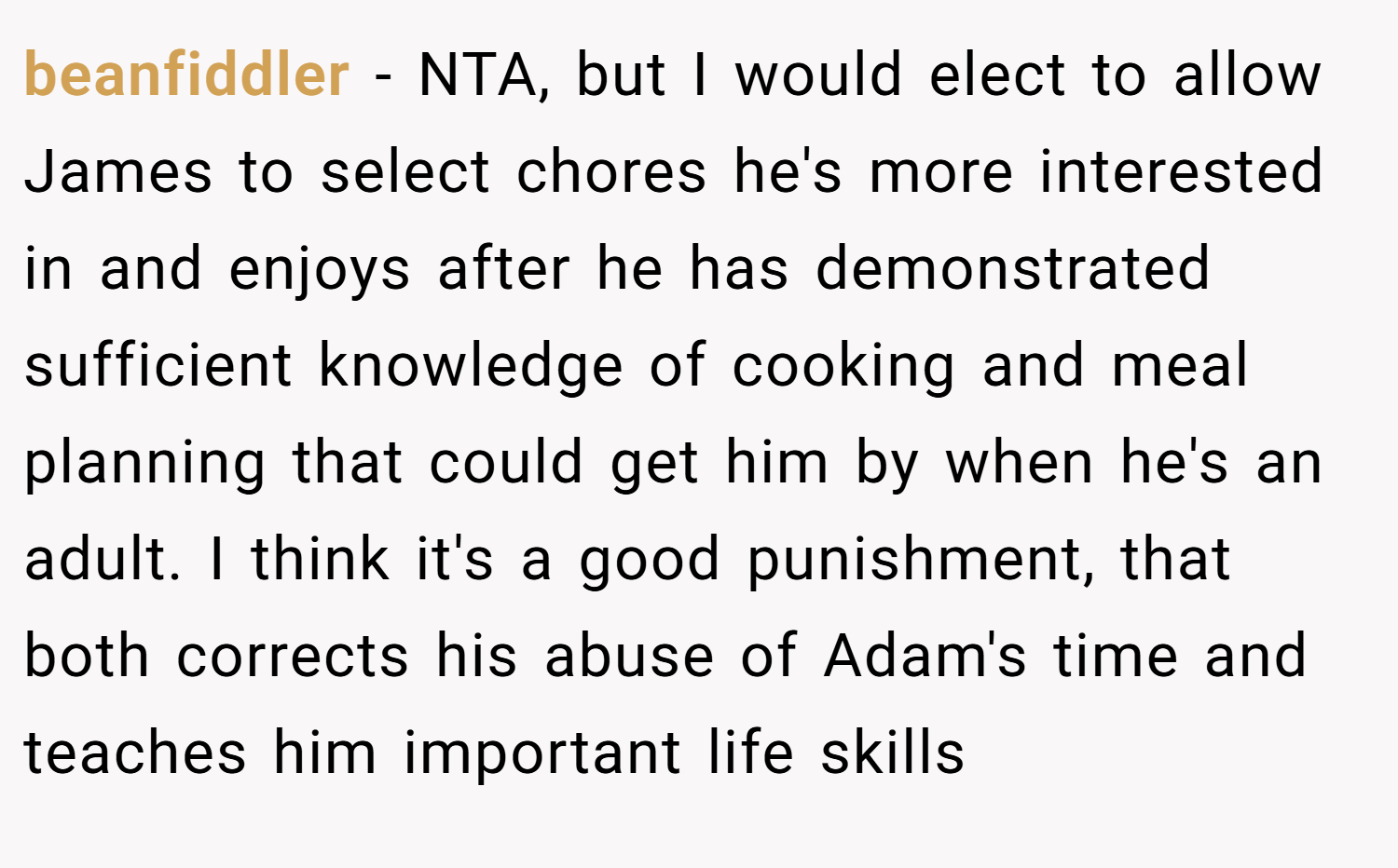 beanfiddler − NTA, but I would elect to allow James to select chores he's more interested in and enjoys after he has demonstrated sufficient knowledge of cooking and meal planning that could get him by when he's an adult. I think it's a good punishment, that both corrects his abuse of Adam's time and teaches him important life skills