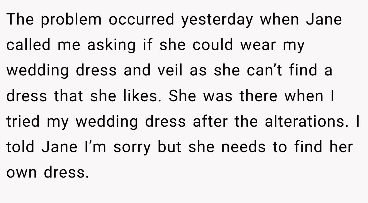 The problem occurred yesterday when Jane called me asking if she could wear my wedding dress and veil as she can’t find a dress that she likes. She was there when I tried my wedding dress after the alterations. I told Jane I’m sorry but she needs to find her own dress.