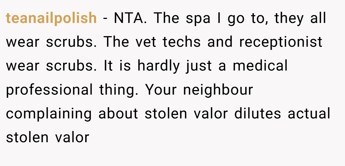 teanailpolish − NTA. The spa I go to, they all wear scrubs. The vet techs and receptionist wear scrubs. It is hardly just a medical professional thing. Your neighbour complaining about stolen valor dilutes actual stolen valor