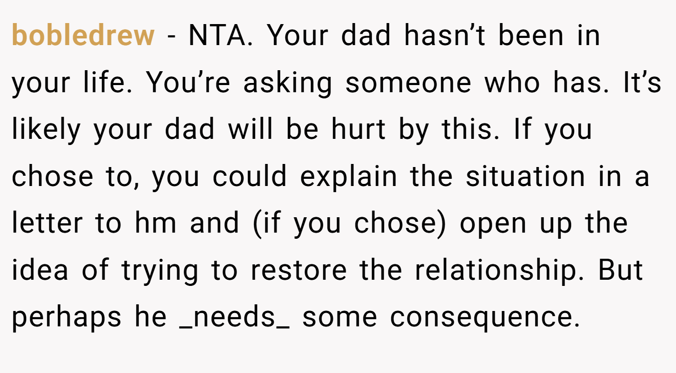 bobledrew - NTA. Your dad hasn’t been in your life. You’re asking someone who has. It’s likely your dad will be hurt by this. If you chose to, you could explain the situation in a letter to hm and (if you chose) open up the idea of trying to restore the relationship. But perhaps he _needs_ some consequence.