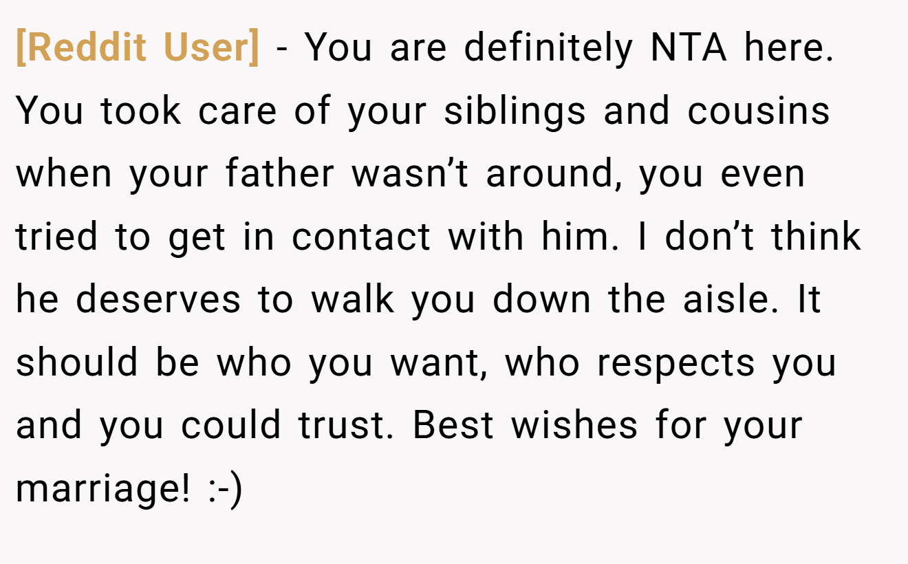 [Reddit User] - You are definitely NTA here. You took care of your siblings and cousins when your father wasn’t around, you even tried to get in contact with him. I don’t think he deserves to walk you down the aisle. It should be who you want, who respects you and you could trust. Best wishes for your marriage! :-)