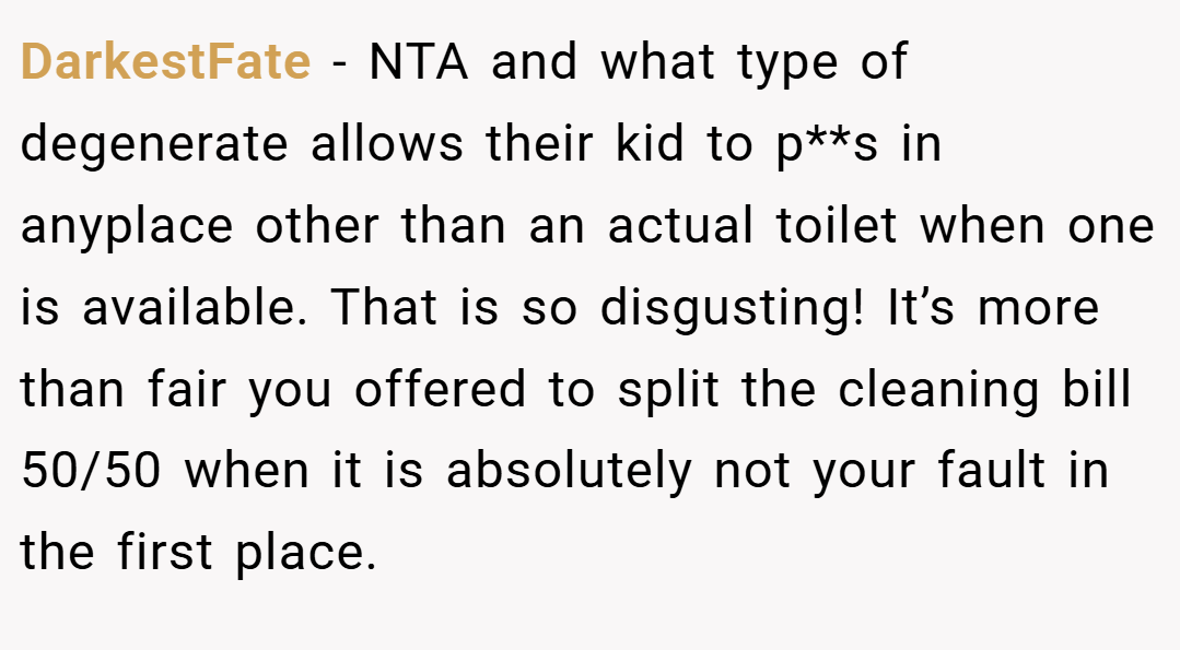 DarkestFate − NTA and what type of degenerate allows their kid to p**s in anyplace other than an actual toilet when one is available. That is so disgusting! It’s more than fair you offered to split the cleaning bill 50/50 when it is absolutely not your fault in the first place.
