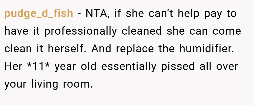 pudge_d_fish − NTA, if she can’t help pay to have it professionally cleaned she can come clean it herself. And replace the humidifier. Her *11* year old essentially pissed all over your living room.