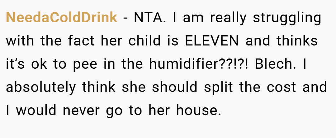 NeedaColdDrink − NTA. I am really struggling with the fact her child is ELEVEN and thinks it’s ok to pee in the humidifier??!?! Blech. I absolutely think she should split the cost and I would never go to her house.