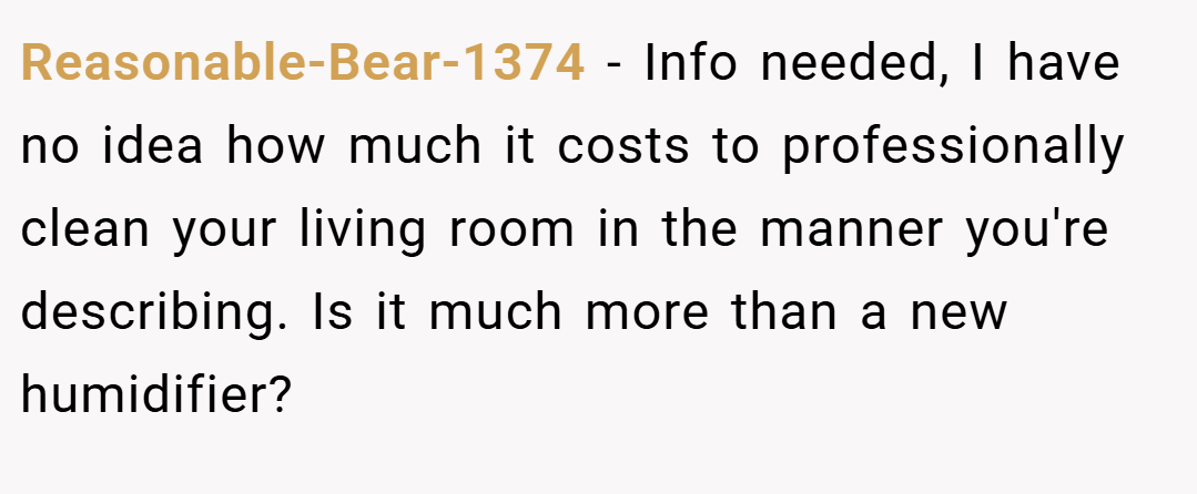 Reasonable-Bear-1374 − Info needed, I have no idea how much it costs to professionally clean your living room in the manner you're describing. Is it much more than a new humidifier?