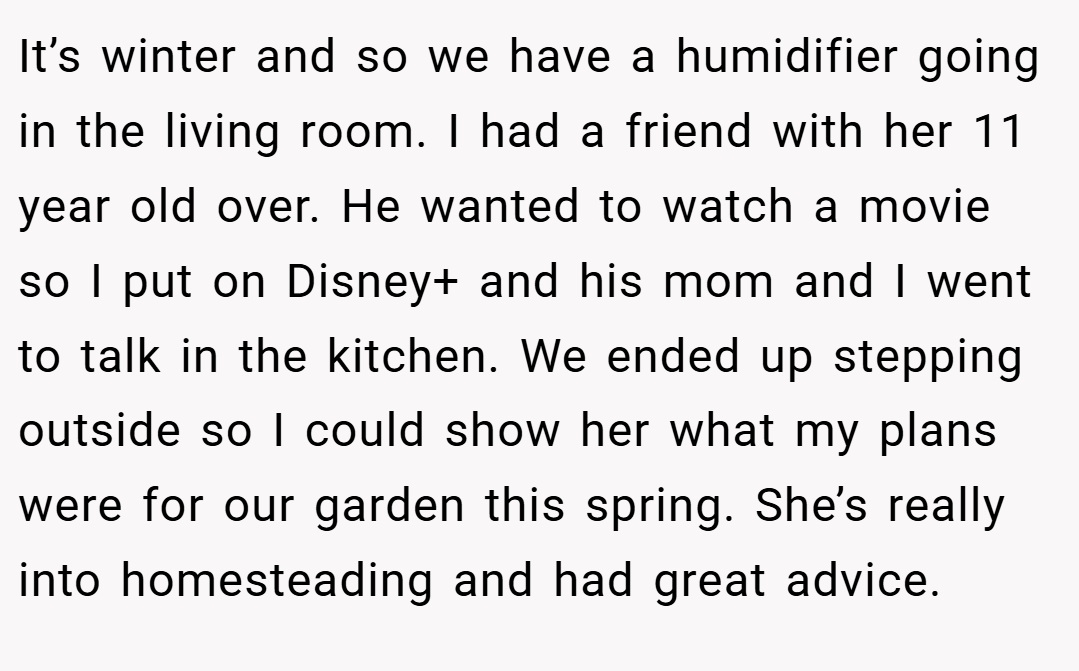 It’s winter and so we have a humidifier going in the living room. I had a friend with her 11 year old over. He wanted to watch a movie so I put on Disney+ and his mom and I went to talk in the kitchen. We ended up stepping outside so I could show her what my plans were for our garden this spring. She’s really into homesteading and had great advice.