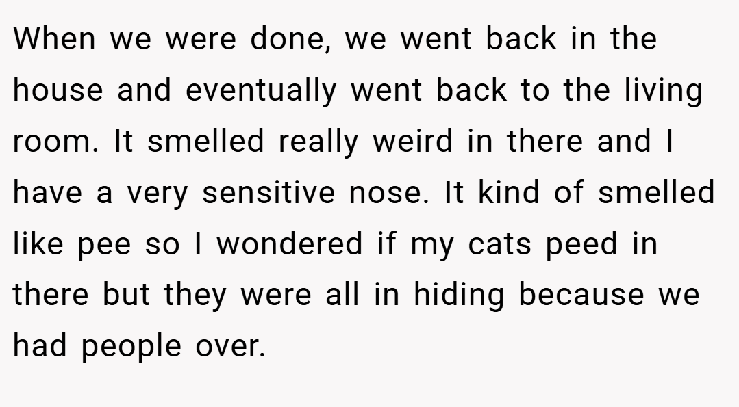 When we were done, we went back in the house and eventually went back to the living room. It smelled really weird in there and I have a very sensitive nose. It kind of smelled like pee so I wondered if my cats peed in there but they were all in hiding because we had people over.