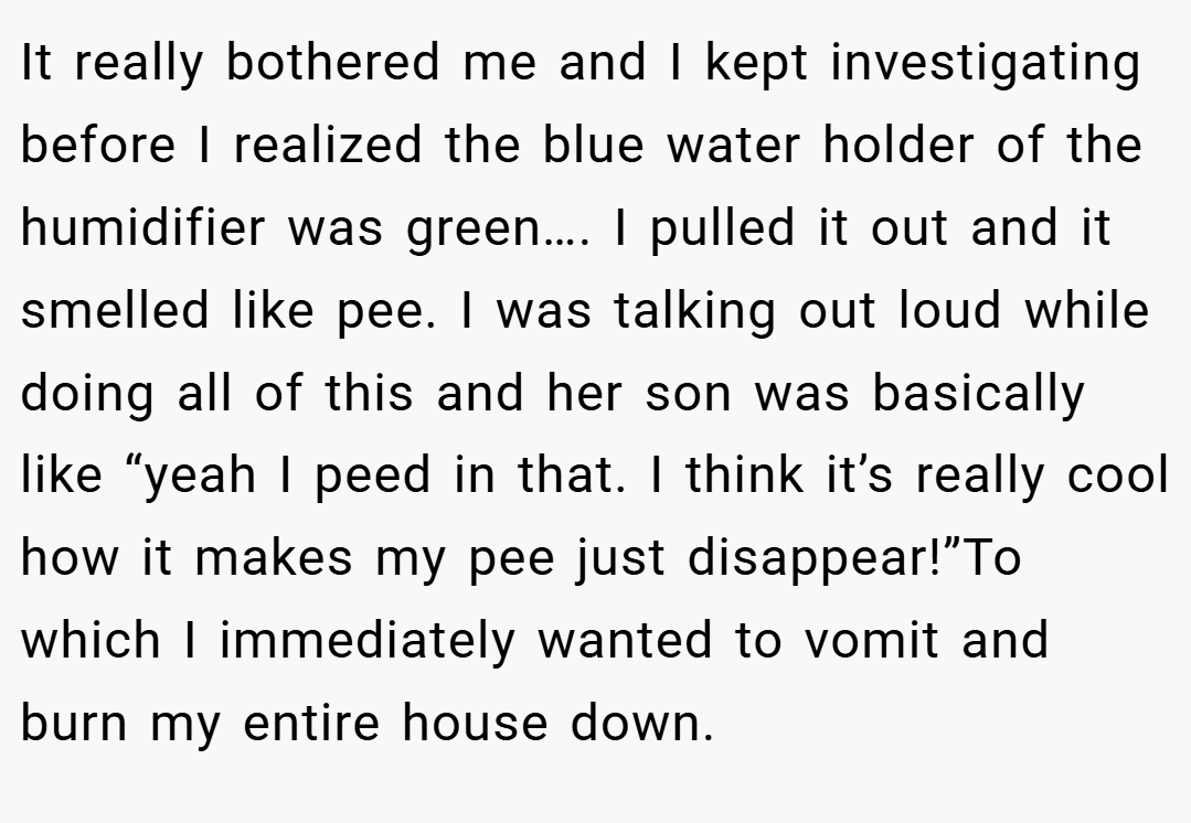 It really bothered me and I kept investigating before I realized the blue water holder of the humidifier was green…. I pulled it out and it smelled like pee. I was talking out loud while doing all of this and her son was basically like “yeah I peed in that. I think it’s really cool how it makes my pee just disappear!”To which I immediately wanted to vomit and burn my entire house down.