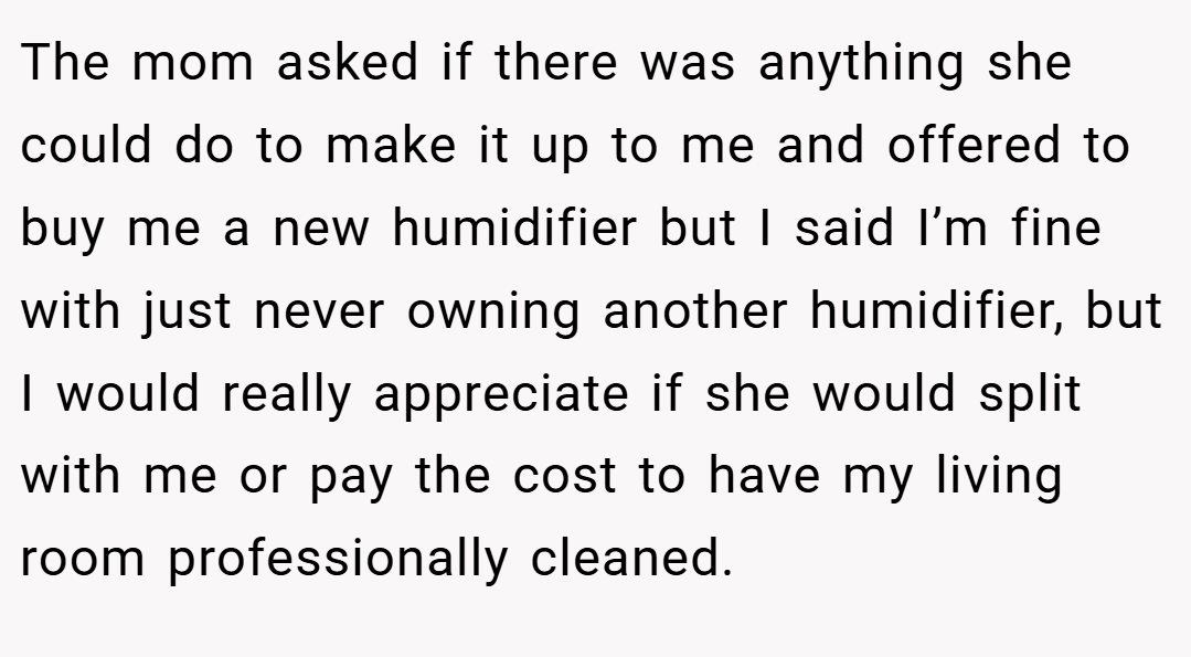 The mom asked if there was anything she could do to make it up to me and offered to buy me a new humidifier but I said I’m fine with just never owning another humidifier, but I would really appreciate if she would split with me or pay the cost to have my living room professionally cleaned.