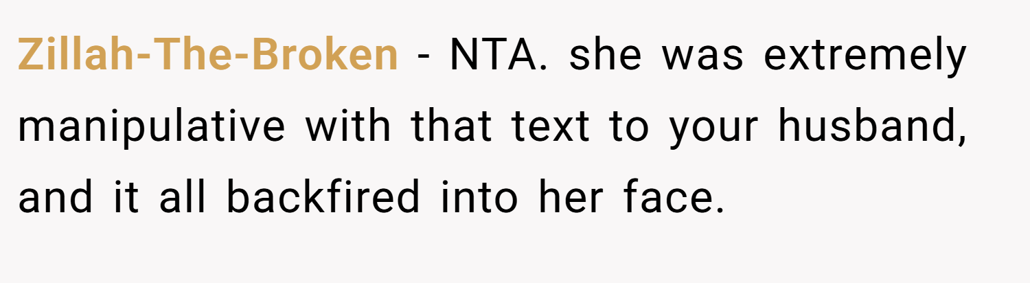 Zillah-The-Broken − NTA. she was extremely manipulative with that text to your husband, and it all backfired into her face.
