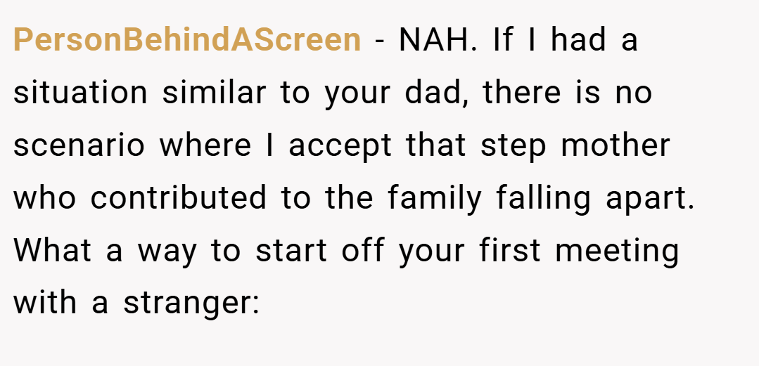 PersonBehindAScreen − NAH. If I had a situation similar to your dad, there is no scenario where I accept that step mother who contributed to the family falling apart. What a way to start off your first meeting with a stranger: