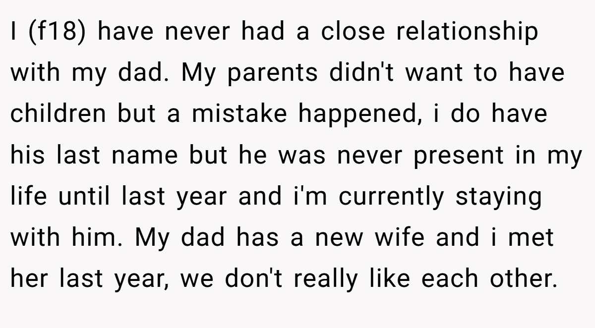 I (f18) have never had a close relationship with my dad. My parents didn't want to have children but a mistake happened, i do have his last name but he was never present in my life until last year and i'm currently staying with him. My dad has a new wife and i met her last year, we don't really like each other.