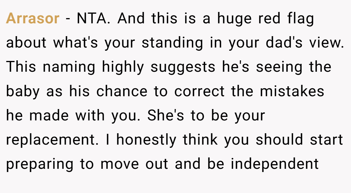 Arrasor − NTA. And this is a huge red flag about what's your standing in your dad's view. This naming highly suggests he's seeing the baby as his chance to correct the mistakes he made with you. She's to be your replacement. I honestly think you should start preparing to move out and be independent