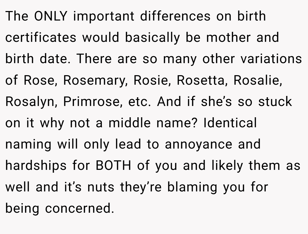 The ONLY important differences on birth certificates would basically be mother and birth date. There are so many other variations of Rose, Rosemary, Rosie, Rosetta, Rosalie, Rosalyn, Primrose, etc. And if she’s so stuck on it why not a middle name? Identical naming will only lead to annoyance and hardships for BOTH of you and likely them as well and it’s nuts they’re blaming you for being concerned.
