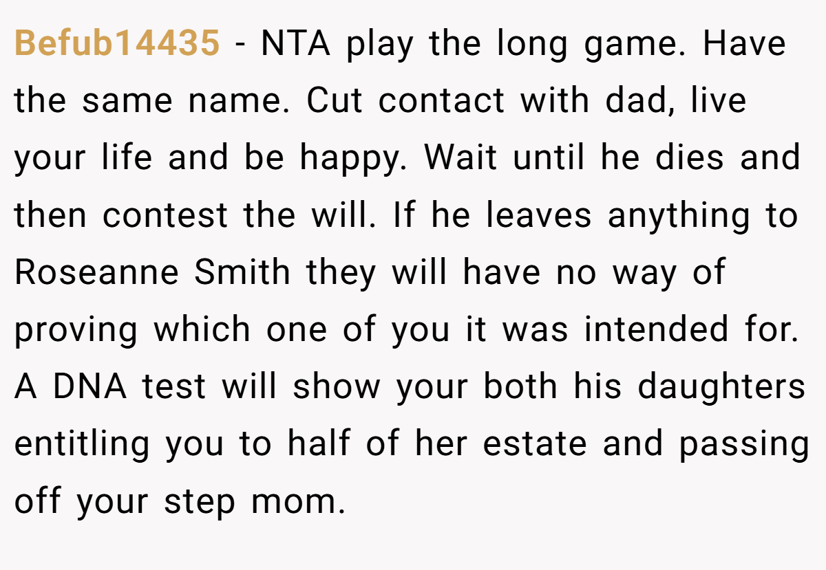 Befub14435 − NTA play the long game. Have the same name. Cut contact with dad, live your life and be happy. Wait until he dies and then contest the will. If he leaves anything to Roseanne Smith they will have no way of proving which one of you it was intended for. A DNA test will show your both his daughters entitling you to half of her estate and passing off your step mom.