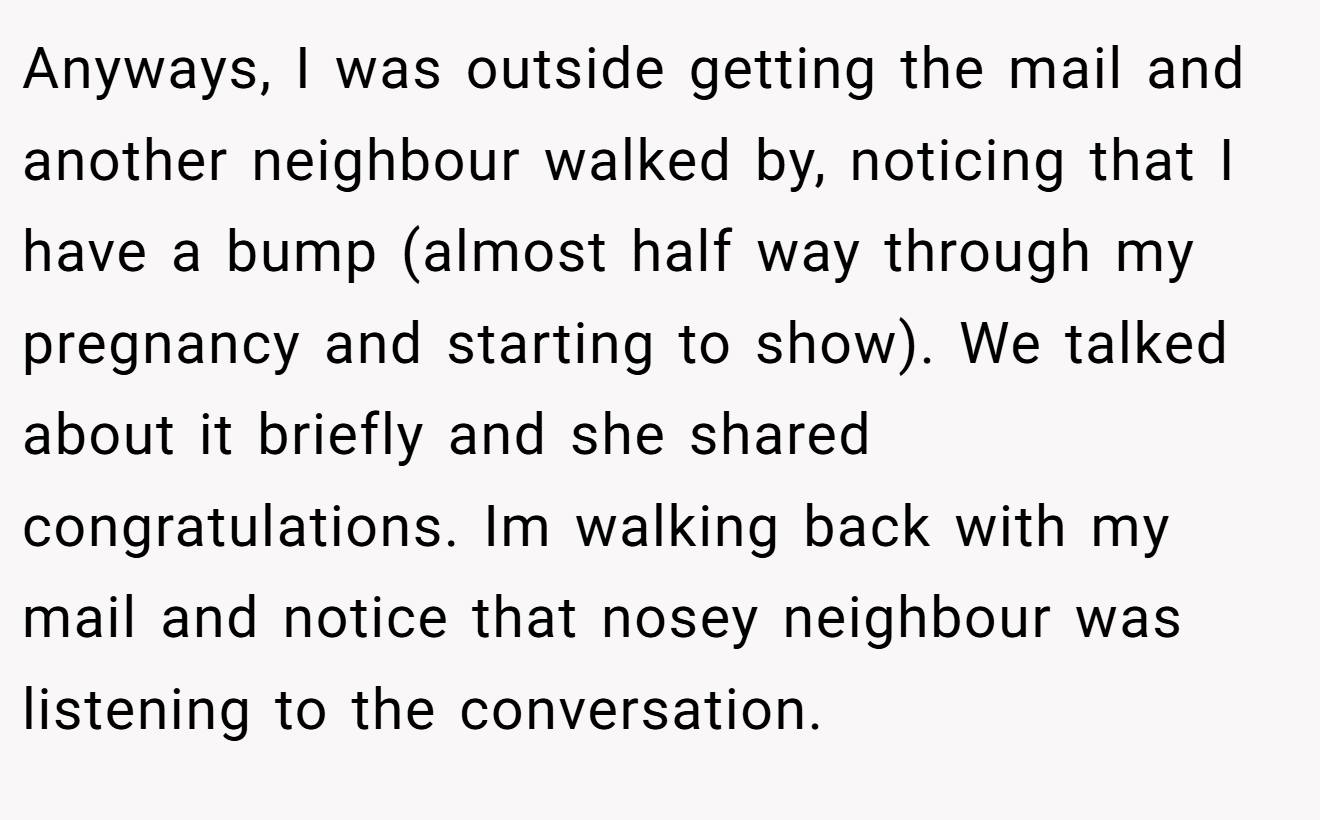 Anyways, I was outside getting the mail and another neighbour walked by, noticing that I have a bump (almost half way through my pregnancy and starting to show). We talked about it briefly and she shared congratulations. Im walking back with my mail and notice that nosey neighbour was listening to the conversation.
