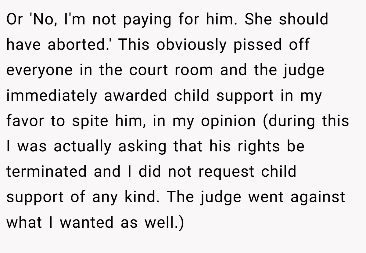 Or 'No, I'm not paying for him. She should have aborted.' This obviously pissed off everyone in the court room and the judge immediately awarded child support in my favor to spite him, in my opinion (during this I was actually asking that his rights be terminated and I did not request child support of any kind. The judge went against what I wanted as well.)