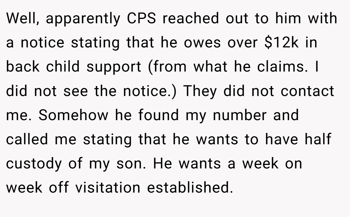 Well, apparently CPS reached out to him with a notice stating that he owes over $12k in back child support (from what he claims. I did not see the notice.) They did not contact me. Somehow he found my number and called me stating that he wants to have half custody of my son. He wants a week on week off visitation established.