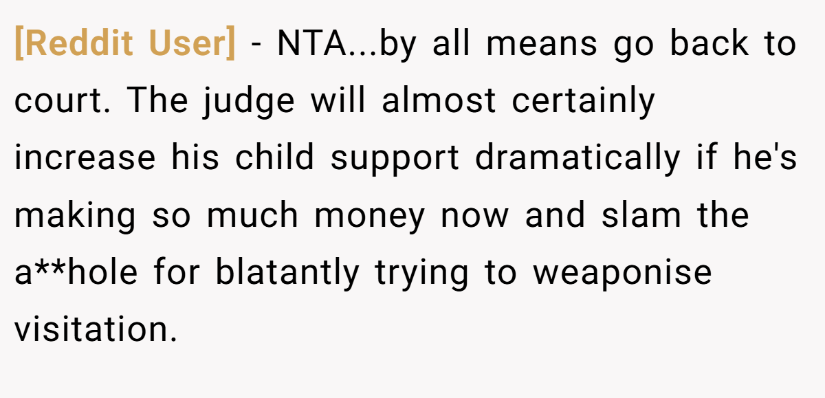 [Reddit User] − NTA...by all means go back to court. The judge will almost certainly increase his child support dramatically if he's making so much money now and slam the a**hole for blatantly trying to weaponise visitation.