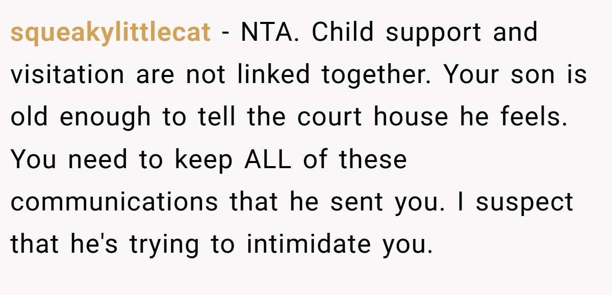 squeakylittlecat − NTA. Child support and visitation are not linked together. Your son is old enough to tell the court house he feels. You need to keep ALL of these communications that he sent you. I suspect that he's trying to intimidate you.