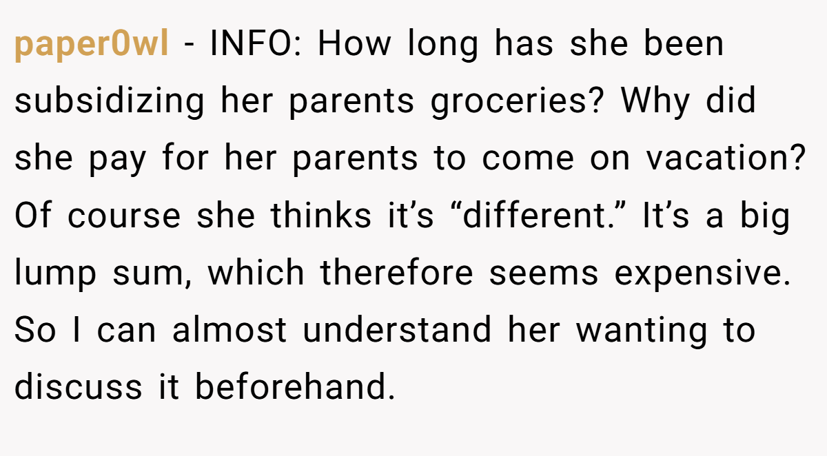 paper0wl - INFO: How long has she been subsidizing her parents groceries? Why did she pay for her parents to come on vacation? Of course she thinks it’s “different.” It’s a big lump sum, which therefore seems expensive. So I can almost understand her wanting to discuss it beforehand.