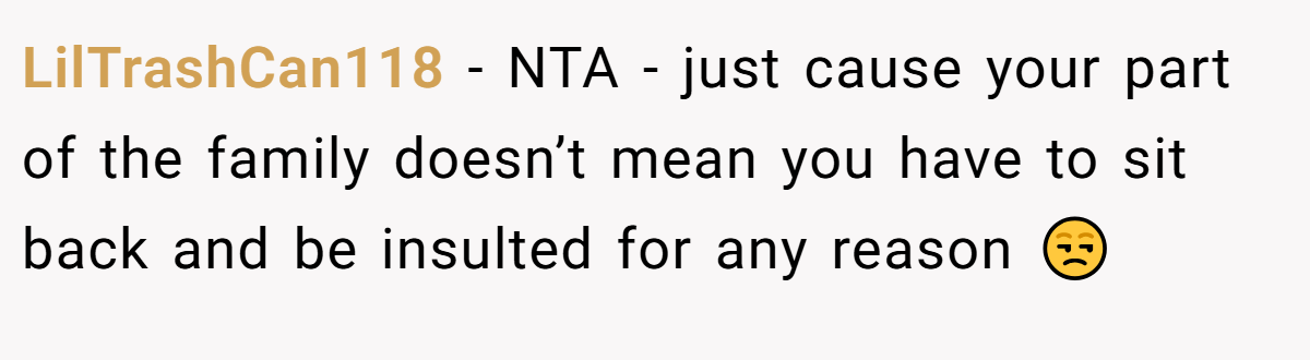 LilTrashCan118 - NTA - just cause your part of the family doesn’t mean you have to sit back and be insulted for any reason 😒