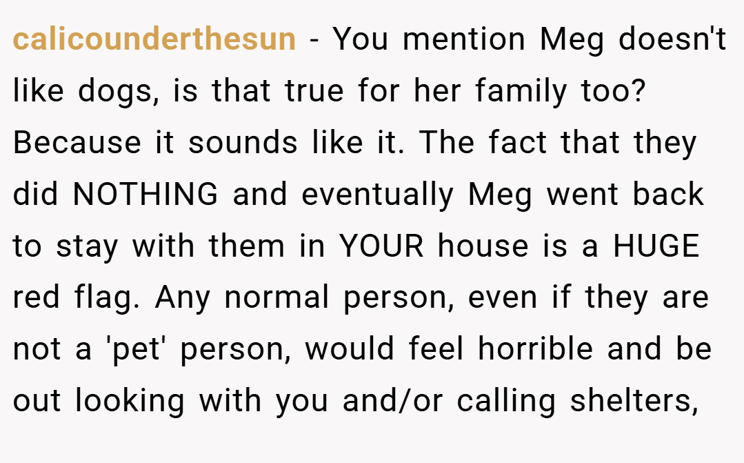 calicounderthesun − You mention Meg doesn't like dogs, is that true for her family too? Because it sounds like it. The fact that they did NOTHING and eventually Meg went back to stay with them in YOUR house is a HUGE red flag. Any normal person, even if they are not a 'pet' person, would feel horrible and be out looking with you and/or calling shelters,