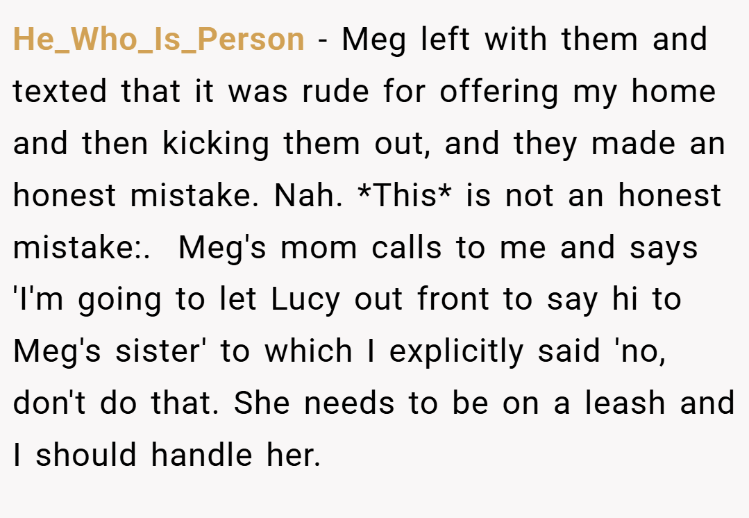 He_Who_Is_Person − Meg left with them and texted that it was rude for offering my home and then kicking them out, and they made an honest mistake. Nah. *This* is not an honest mistake:. ​ Meg's mom calls to me and says 'I'm going to let Lucy out front to say hi to Meg's sister' to which I explicitly said 'no, don't do that. She needs to be on a leash and I should handle her.