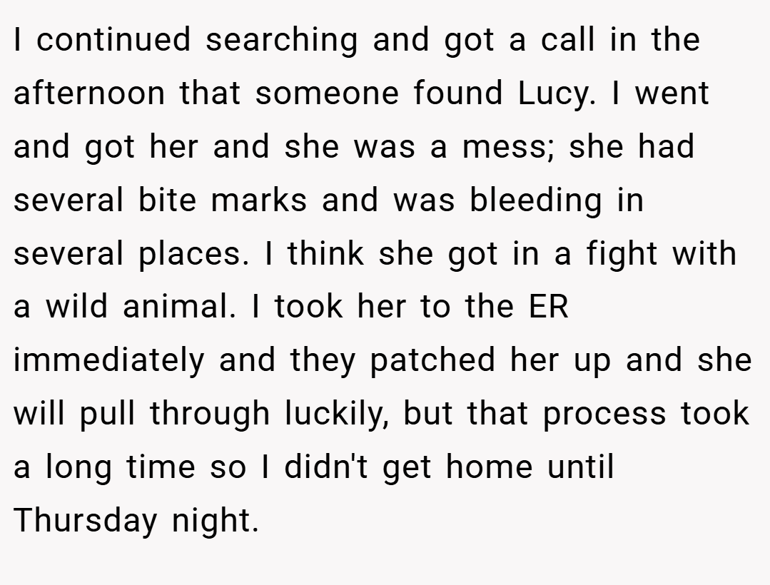 I continued searching and got a call in the afternoon that someone found Lucy. I went and got her and she was a mess; she had several bite marks and was bleeding in several places. I think she got in a fight with a wild animal. I took her to the ER immediately and they patched her up and she will pull through luckily, but that process took a long time so I didn't get home until Thursday night.