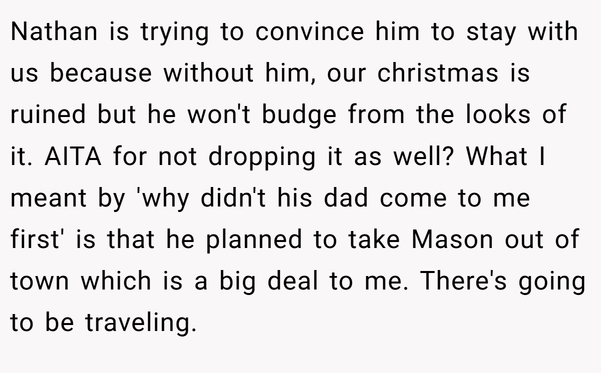 Nathan is trying to convince him to stay with us because without him, our christmas is ruined but he won't budge from the looks of it. AITA for not dropping it as well? What I meant by 'why didn't his dad come to me first' is that he planned to take Mason out of town which is a big deal to me. There's going to be traveling.