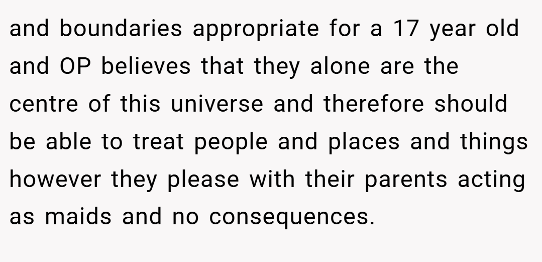 and boundaries appropriate for a 17 year old and OP believes that they alone are the centre of this universe and therefore should be able to treat people and places and things however they please with their parents acting as maids and no consequences.