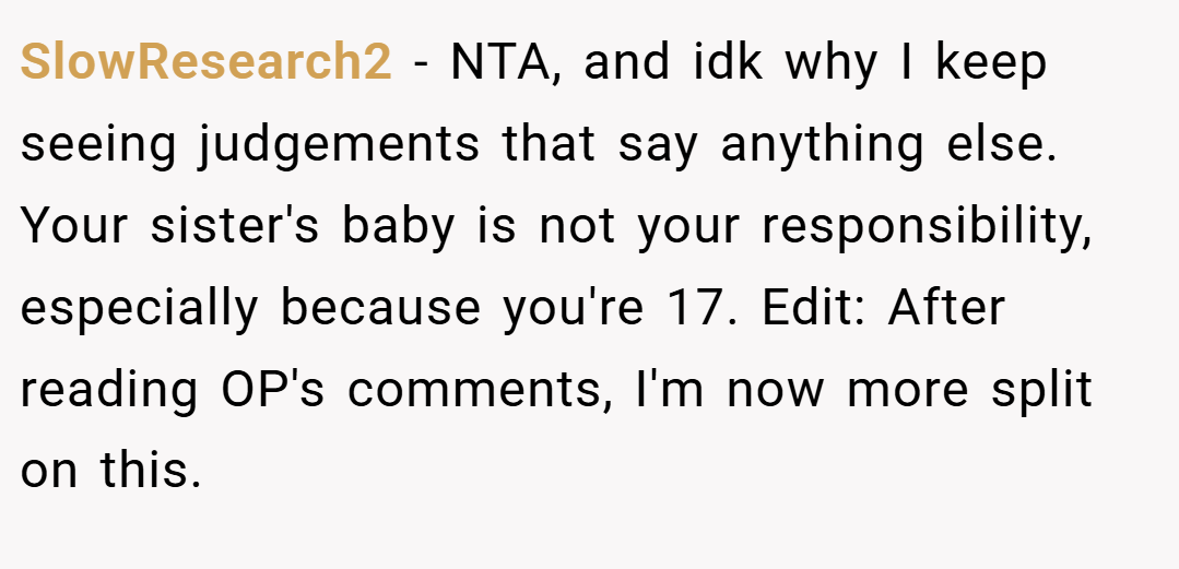 SlowResearch2 − NTA, and idk why I keep seeing judgements that say anything else. Your sister's baby is not your responsibility, especially because you're 17. Edit: After reading OP's comments, I'm now more split on this.