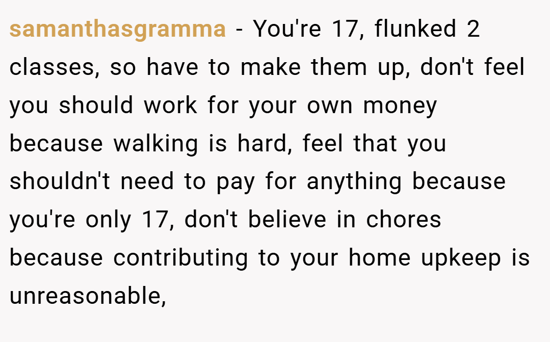 samanthasgramma − You're 17, flunked 2 classes, so have to make them up, don't feel you should work for your own money because walking is hard, feel that you shouldn't need to pay for anything because you're only 17, don't believe in chores because contributing to your home upkeep is unreasonable,