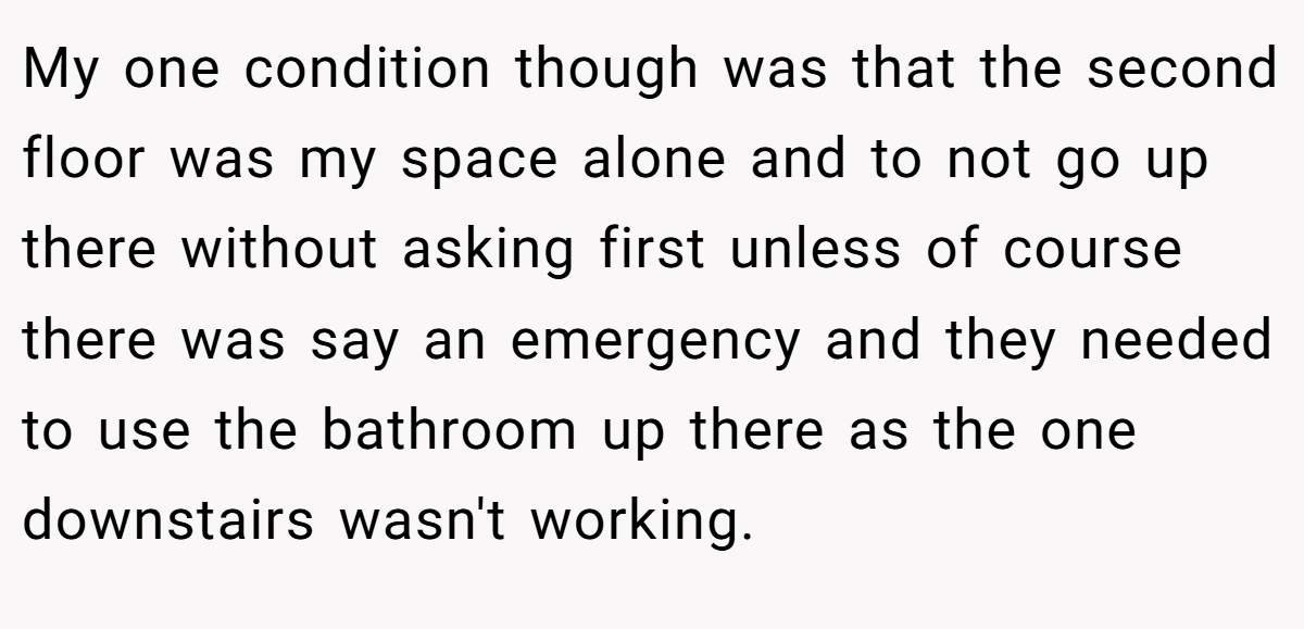 My one condition though was that the second floor was my space alone and to not go up there without asking first unless of course there was say an emergency and they needed to use the bathroom up there as the one downstairs wasn't working.