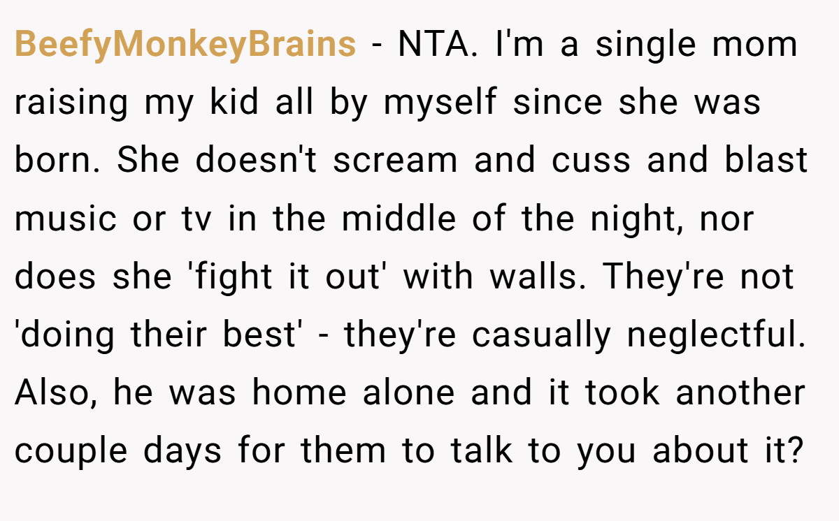BeefyMonkeyBrains − NTA. I'm a single mom raising my kid all by myself since she was born. She doesn't scream and cuss and blast music or tv in the middle of the night, nor does she 'fight it out' with walls. They're not 'doing their best' - they're casually neglectful. Also, he was home alone and it took another couple days for them to talk to you about it?