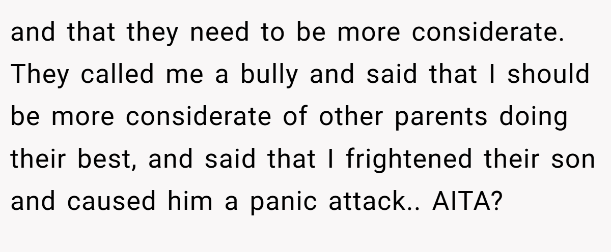 and that they need to be more considerate. They called me a bully and said that I should be more considerate of other parents doing their best, and said that I frightened their son and caused him a panic attack.. AITA?