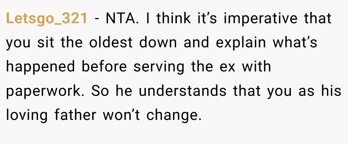 Letsgo_321 − NTA. I think it’s imperative that you sit the oldest down and explain what’s happened before serving the ex with paperwork. So he understands that you as his loving father won’t change.