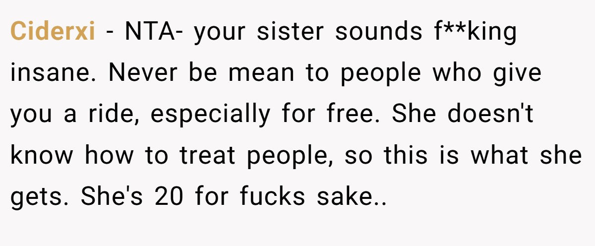 Ciderxi − NTA- your sister sounds f**king insane. Never be mean to people who give you a ride, especially for free. She doesn't know how to treat people, so this is what she gets. She's 20 for fucks sake..