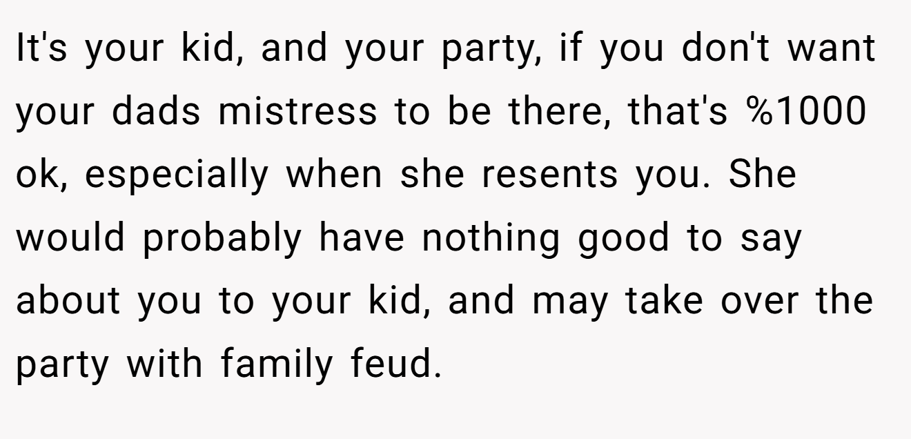It's your kid, and your party, if you don't want your dads mistress to be there, that's %1000 ok, especially when she resents you. She would probably have nothing good to say about you to your kid, and may take over the party with family feud.