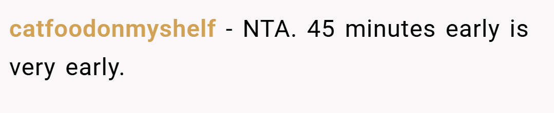 catfoodonmyshelf − NTA. 45 minutes early is very early.