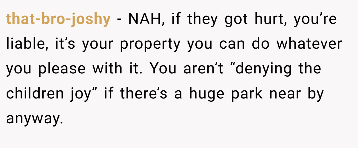 that-bro-joshy − NAH, if they got hurt, you’re liable, it’s your property you can do whatever you please with it. You aren’t “denying the children joy” if there’s a huge park near by anyway.
