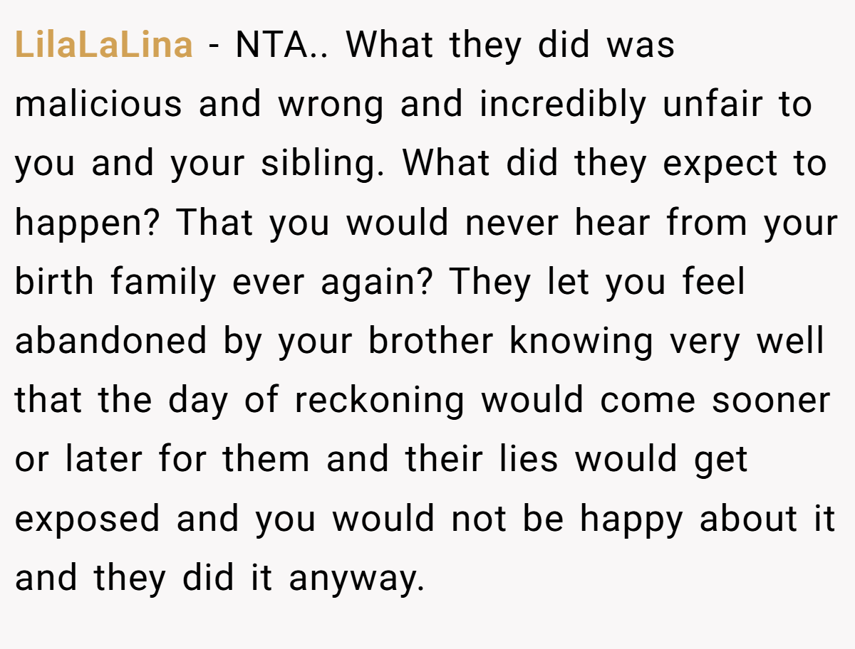 LilaLaLina − NTA.. What they did was malicious and wrong and incredibly unfair to you and your sibling. What did they expect to happen? That you would never hear from your birth family ever again? They let you feel abandoned by your brother knowing very well that the day of reckoning would come sooner or later for them and their lies would get exposed and you would not be happy about it and they did it anyway.